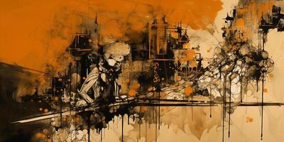 Vibrant Reverie A Captivating Eclectic Montage of Orange and Sepia Ink Oil Painting on Canvas photo