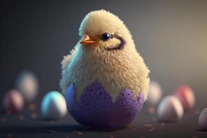 adorable pequeño pollo-gatito en un pintado Pascua de Resurrección cáscara de huevo ai generado foto