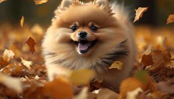 linda pomeranio perro jugando en un pila de otoño hojas ai generado foto
