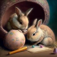 Adorable Little Easter Bunnies Sitting in a Cave Next to a Giant Easter Egg photo