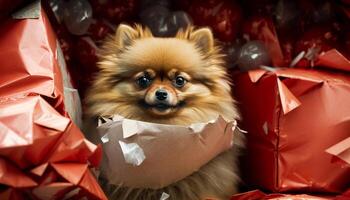 Cute Pomeranian dog surrounded by crumpled gift wrapping paper photo