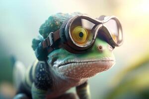 Fly high with the cool photorealistic cartoon chameleon pilot and his goggles photo