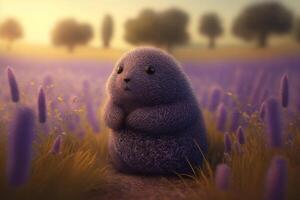 ilustración linda Topo sentado en un lavanda campo ai generado contenido foto