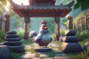 Majestic Chicken Mastering the Art of Zen in a Chinese Temple photo