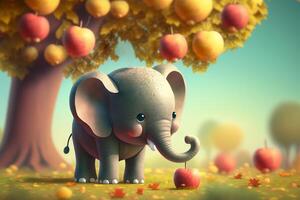 adorable pequeño elefante debajo un manzana árbol con un manzana ai generado foto