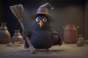 The Funny Chicken with Witch Hat and Broomstick photo