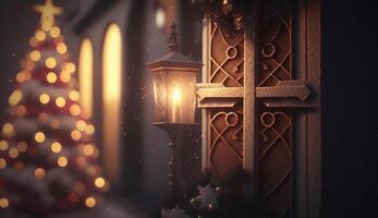 Enchanting Christmas Scene with Snowy Streets and Illuminated Homes AI generated photo