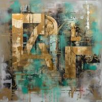 Industrial Elegance A Captivating Fusion of Collage and Paint in Large Canvas Paintings, Adorned with Turquoise and Sepia Tones photo