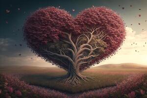 rojo florecer árbol en corazón forma con felicidad. enamorado Rosa árbol para decoración romántico concepto. ai generado foto