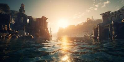 Sunset View of Ancient Ruins on Coastline with Waves in Foreground photo