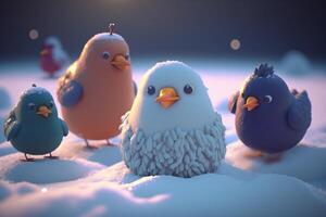 Flock of Funny Chickens Having Fun in the Snow photo