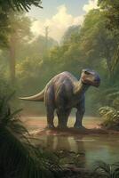 majestuoso encuentro realista ilustración de un iguanodon itinerancia el prístino prehistórico paisaje ai generado foto