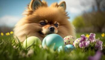 Pomeranian Pooch Finds Festive Easter Eggs in the Flowery Field photo