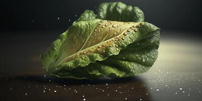 Illustration of fresh green lettuce salad with water drops content photo