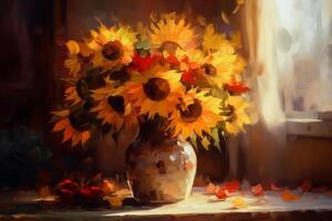 Abstract Still Life with Sunflowers in a Bold Vase, Vibrant Brushstrokes and Colors photo