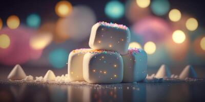 Rainbow colorful Marshmallows Sparkling Bokeh sweets Illustration photo