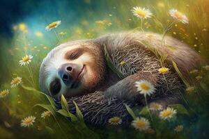 Exhausted and tired sloth lies among flowers in a meadow in spring and sleeps photo