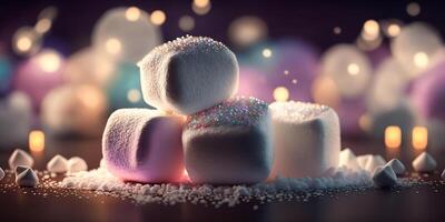 Rainbow colorful Marshmallows Sparkling Bokeh sweets Illustration photo