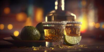 un todavía vida de vistoso lentes y botellas de tequila y mezcales, un mexicano espíritu, crea un hermosa bokeh efecto. ai generado foto