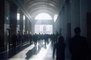 Bustling Conference Hall Waiting Area and Entrance Hall with Blurred Businesspeople Coming and Going in Bright Ambience photo