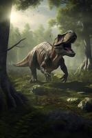 Rey de el prehistórico reino realista ilustración de tiranosaurio rex en sus antiguo habitat ai generado foto