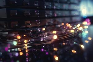 Fiber Optic Wires with LED Lights in Server Rack photo