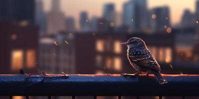 Wild bird perched on steel railing of fire escape, with urban skyline during sunset in background photo