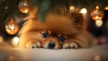 Adorable Pomeranian Dog Sitting Under a Christmas Tree photo