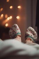íntimo de cerca de un mujer calcetines en un cama ai generado foto