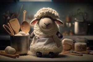 Little Sheep Chef Cooking up a Storm in the Kitchen with Utensils and a Wooden Spoon photo