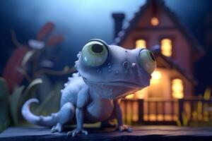 Eccentric photorealistic cartoon chameleon with crazy gaze in front of blurred spooky house at night photo