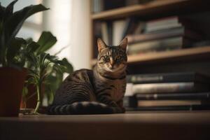 sofisticado felino un gato en un moderno Departamento rodeado por libros ai generado foto