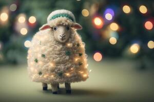 Cute and Funny Woolen Sheep Decorated with Lights Like a Christmas Tree for the Holiday Season photo