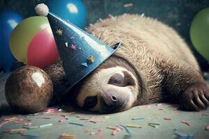 Exhausted tired sloth fell asleep at a party with party hat and confetti photo