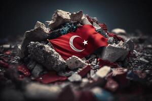 Turkish Flag amidst earthquake rubble - Symbol of Resilience and Unity photo