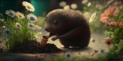 Funny cute Mole Gardening with gardening tools and a Smile photo