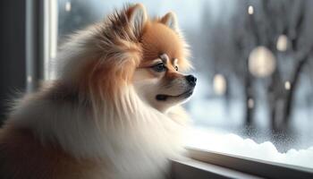 invierno mundo maravilloso pomeranio cachorro mirando fuera un cubierto de nieve ventana ai generado foto