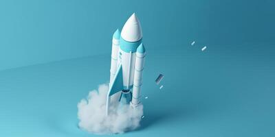 Symbolic 3D Rendering of White Rocket Model against Blue Background for Startup Concepts photo