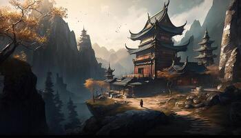 Serene beauty A Chinese temple nestled in the mountains photo