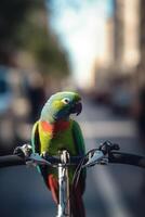 vistoso loro encaramado en bicicleta manillar en ocupado ciudad ai generado foto