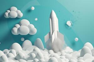 White Rocket Model Flying Through Cloudy Blue Skies as a Symbol of Startup Success and Innovation photo