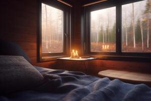 Morning View from Modern Wooden Cabin Hotel Room Overlooking Forested Mountains photo