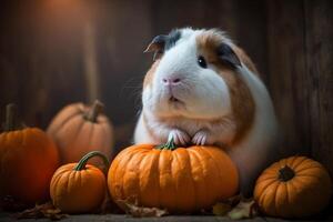 Funny guinea pig sits between pumpkins photo