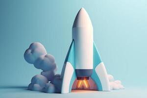 Symbolic 3D Rendering of White Rocket Model against Blue Background for Startup Concepts photo