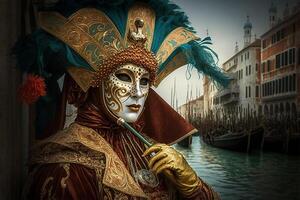 celebrando carnaval en Venecia personas en festivo mascaras y disfraces ai generado foto