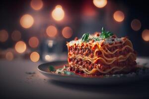 Delicious Italian Specialty Lasagne with Fresh Basil and Cheese photo