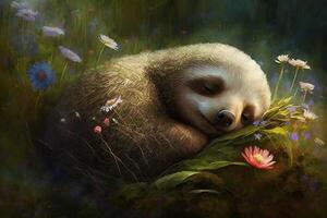 Exhausted and tired sloth lies among flowers in a meadow in spring and sleeps photo