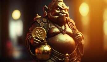 kubera el indio Dios de riqueza y prosperidad estatua en vívido detalle ai generado foto