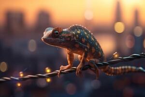 Neon Chameleon Climbing the High Wire in the Evening Cityscape photo