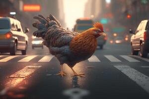 el valiente pollo cruce el ocupado ciudad calle en medio de el brillante luces y carros ai generado foto